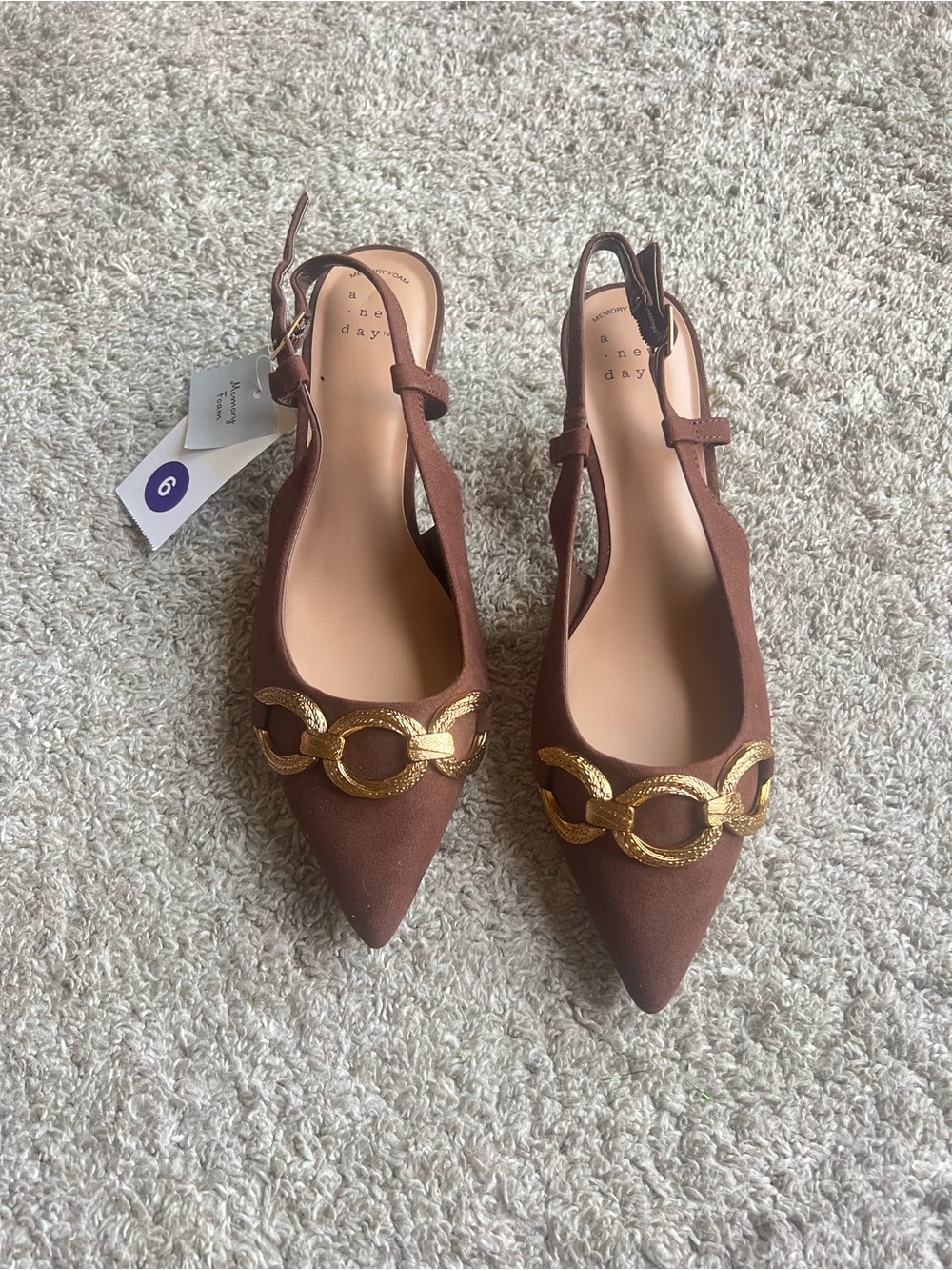 a new day Brown Pointed Slingback Flats with Gold Chain Accent